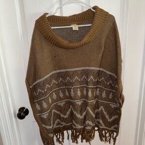 Brown Cozy Poncho Shrug with Fringe